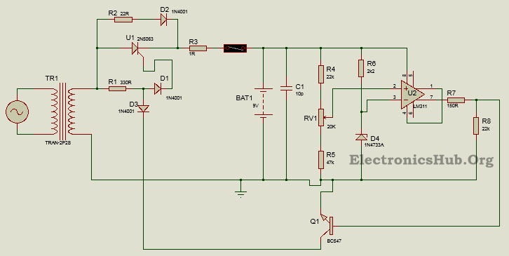  Diagrama de circuito del cargador de voltaje de la batería usando LM311 y SCR 
