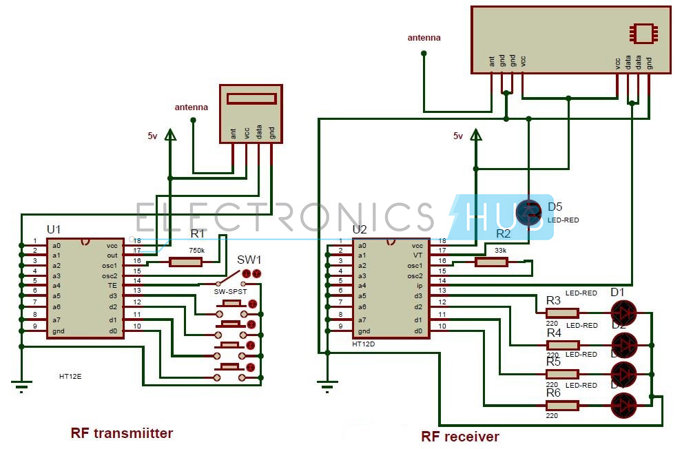  Diagrama de circuito del circuito de control remoto mediante RF sin microcontrolador 