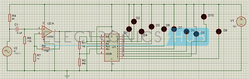 10 LED VU Meter Project Circuit using LM3915 and LM324