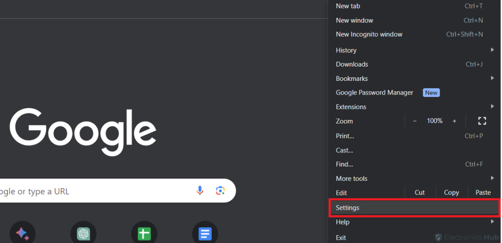 settings menu