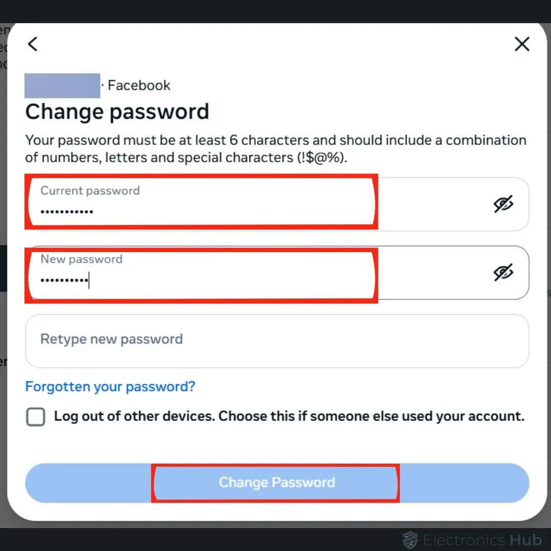 confirm password-change password in facebook
