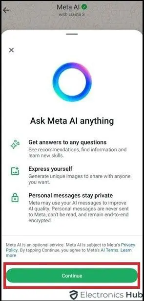 Click on Continue to Agree MAI Terms-meta ai on whatsapp