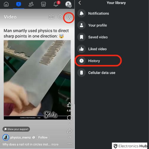 Select History to find out recently watched videos on FB