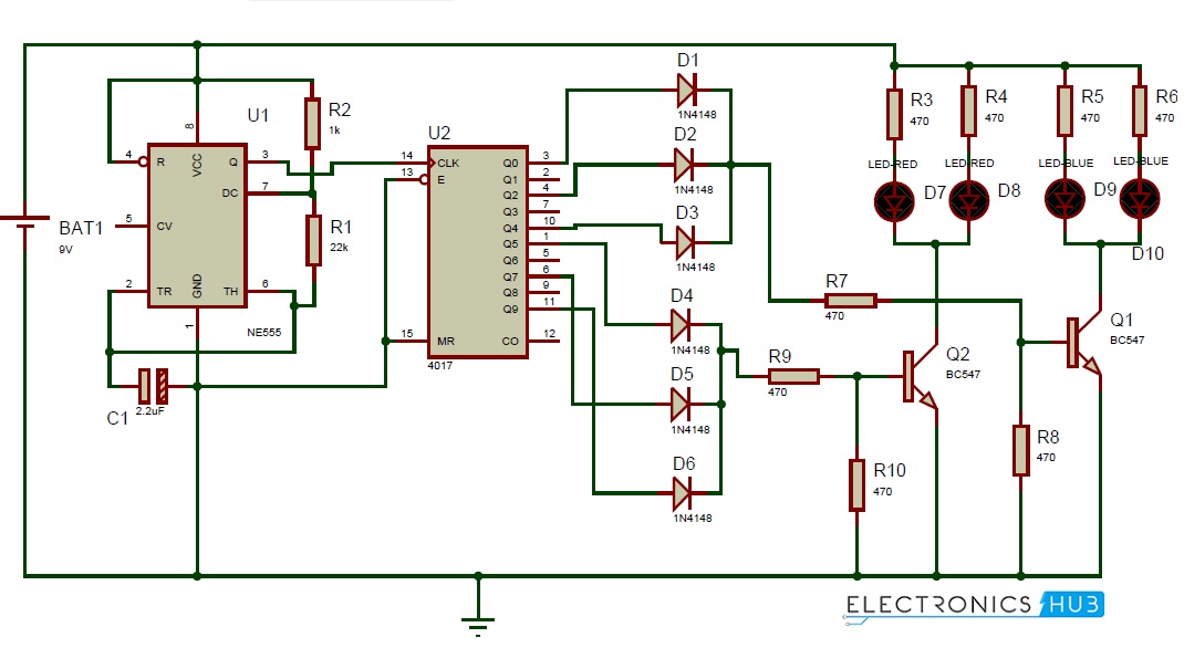 Police Lights Circuit using 555 Timer and 4017 Decade Counter
