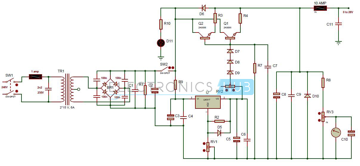 0-28V, 6-8A Power Supply circuit diagram using LM317 and 2N3055