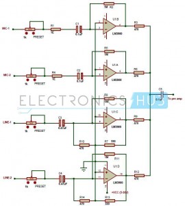 Multi Channel Audio Mixer Circuit Diagram using LM3900