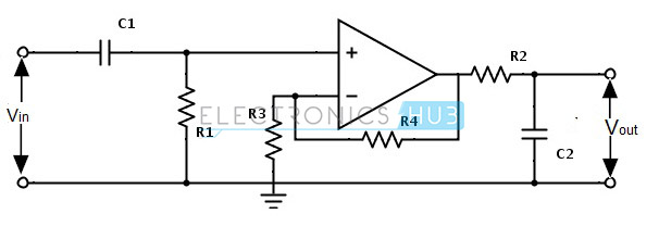  3. diagrama de circuito de filtro de paso de banda activo 