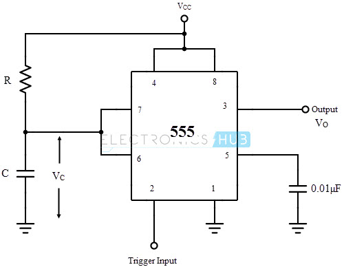 Schematic of IC 555 as Monostable Multivibrator