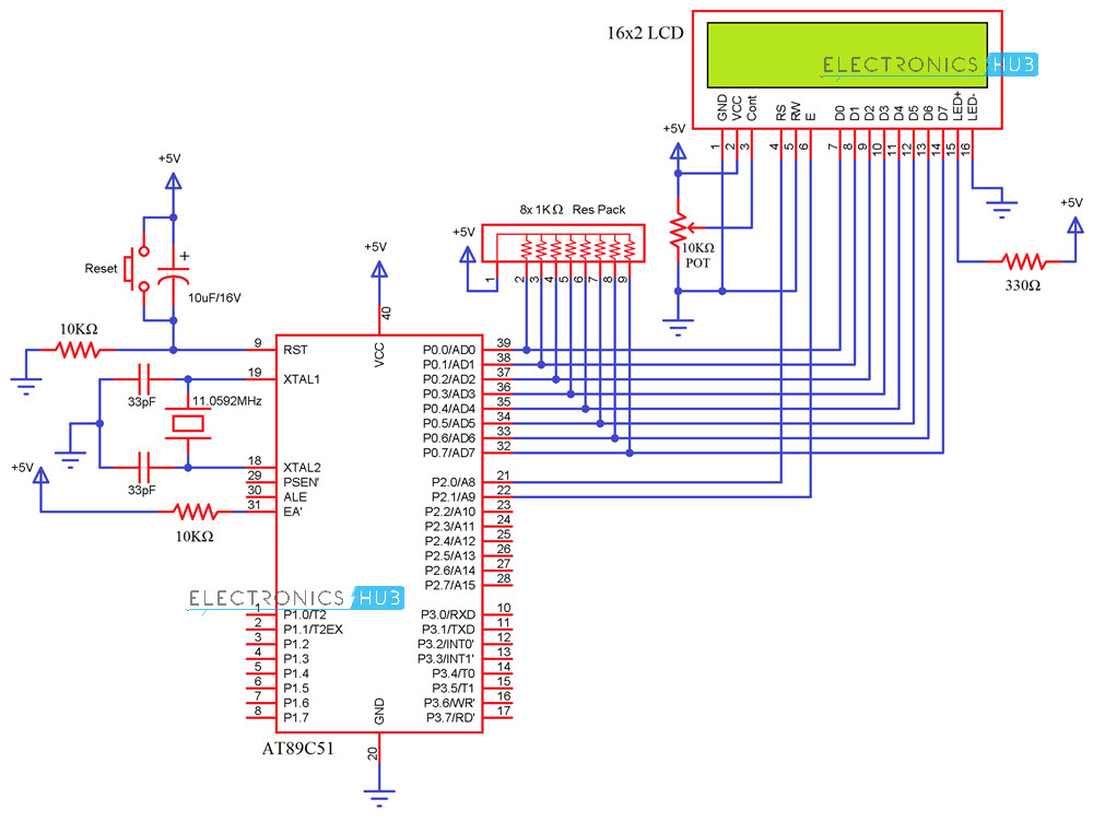 Interfacing 16×2 LCD with 8051 Circuit Diagram