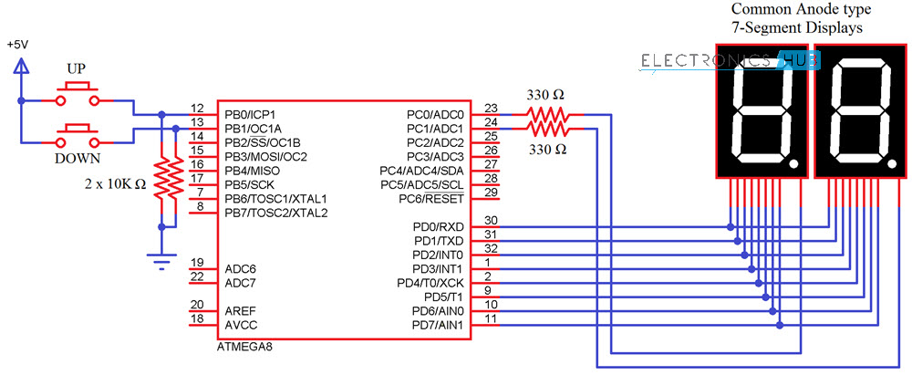  2 Digit Up Down Diagrama de circuito de contador ATmega8 