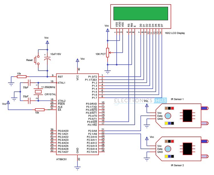 Bidirectional Visitor Counter using 8051 Microcontroller Circuit Diagram