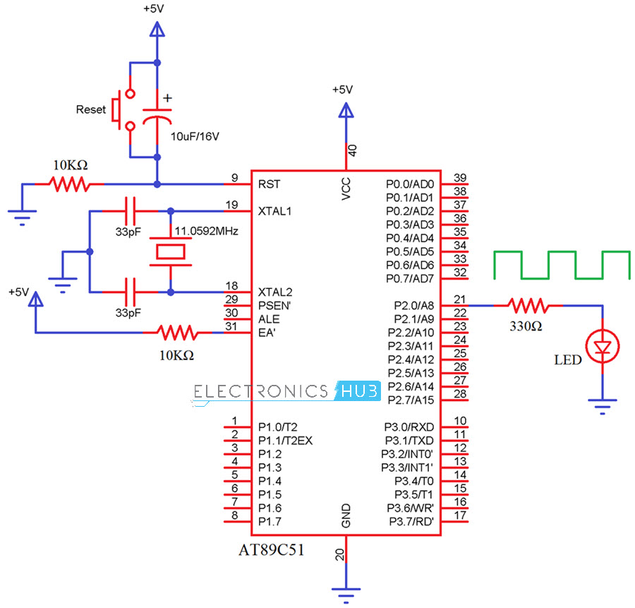 Delay using 8051 Timers Circuit Diagram