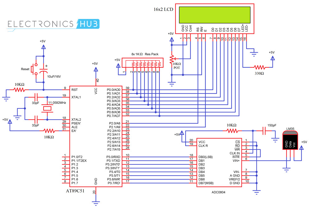 Digital Temperature Sensor Circuit using 8051 Circuit Diagram