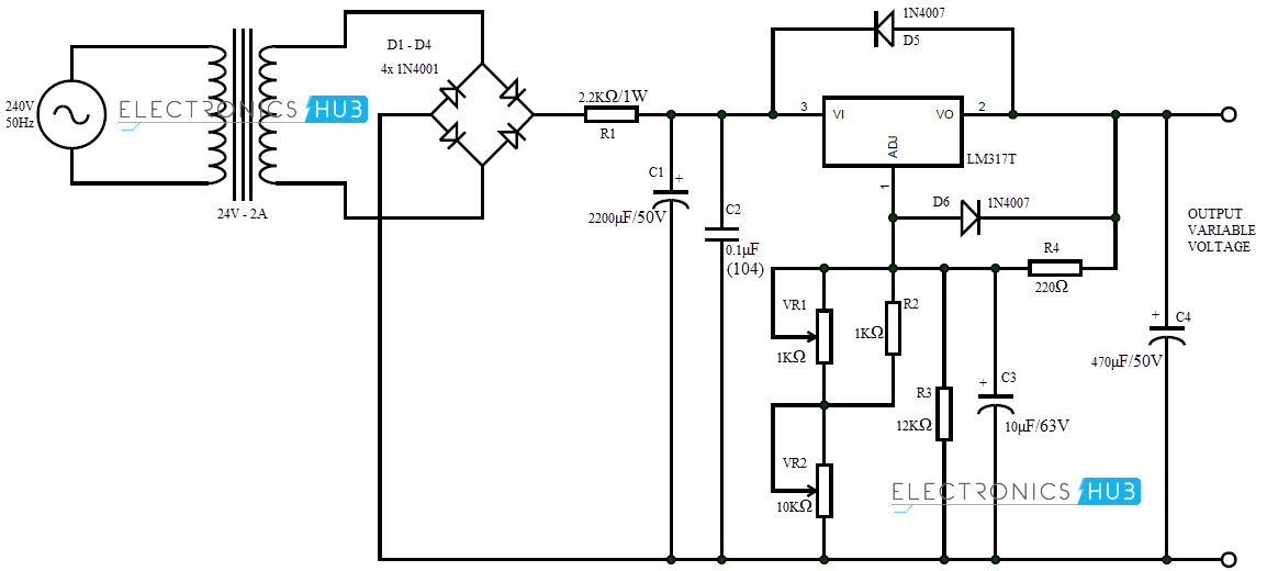0-28V, 6-8A Power Supply Circuit using LM317 and 2N3055