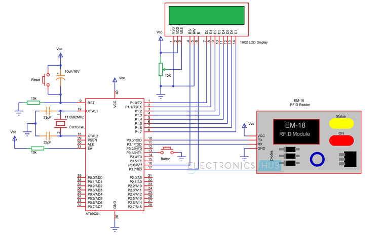 RFID based Attendance System 8051 Circuit Diagram