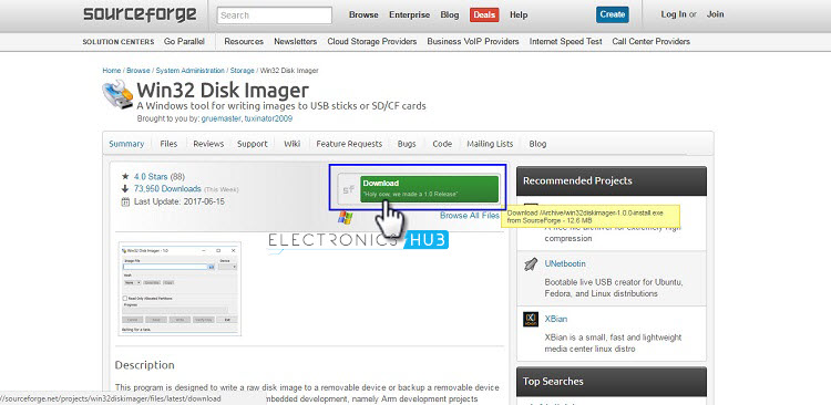 Página de descarga de Win32 Disk Imager 