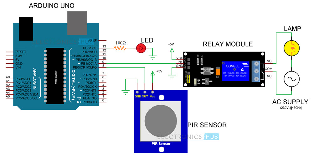 Automatic Room Lights using Arduino and PIR Sensor Circuit Diagram 1