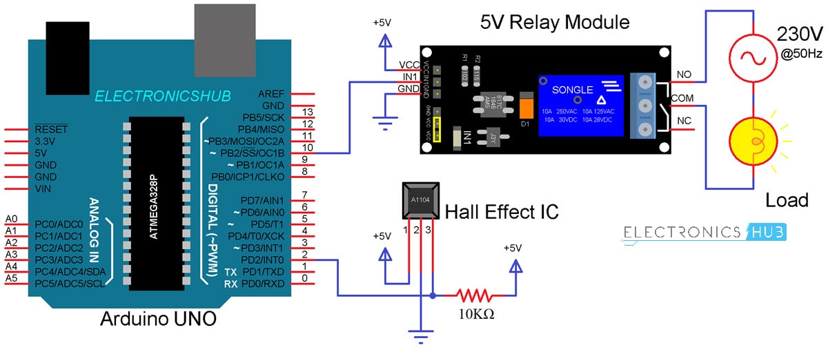 Interfacing Hall Effect Sensor with Arduino Relay Control Circuit Diagram