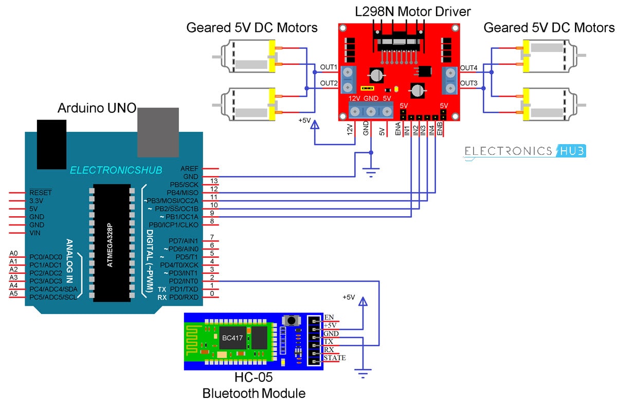 Bluetooth Controlled Robot using Arduino Circuit Diagram