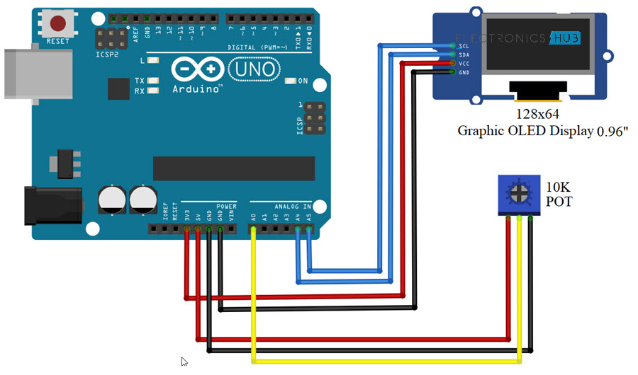 Interfacing 128x64 OLED Graphic Display with Arduino Circuit Diagram
