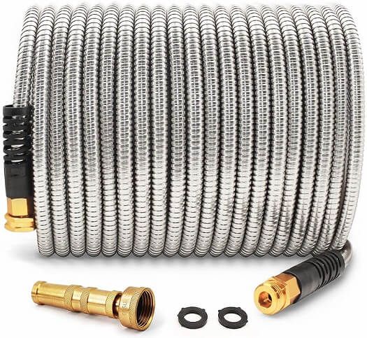 Flexible Metal Garden Hose 100 Ft with Brass Fittings Stainless Steel No Tangles 