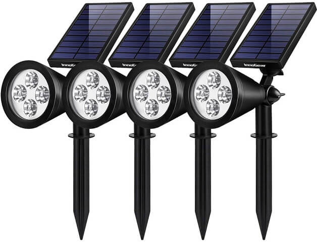 2 Pack Warm Light 2-in-1 Adjustable 4 LED Wall/Landscape Solar Lights with Automatic On/Off Sensor Magictec Solar Spotlights 