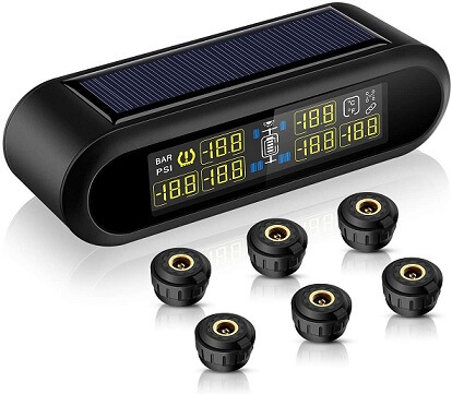 Real-time Displays 6 Tires Pressure and Temperature TPMS Wireless Tire Pressure Monitoring System with 6 DIY Sensors Tymate TPMS Solar Power for RV Trailer 