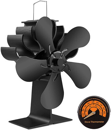 Heat Powered Stove 4 Fan Blades Small Space Wood Log Gas Fireplace Thermometer