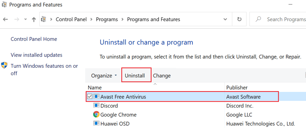 Uninstall Avast from Apps & Features