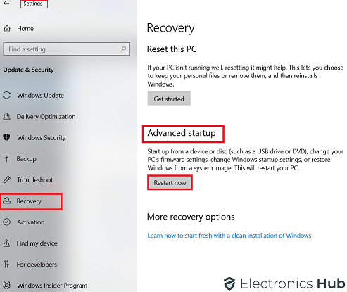Recovery Advanced startup restart now option 