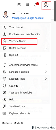 Select your profile image, followed by YouTube Studio.