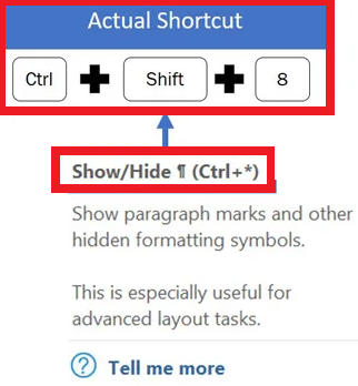 actual shortcut in word