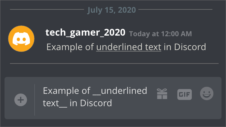 In Discord, you can underline text by adding two dashes (_) before the text and two dashes (_) after the text.  For example, if your message is 