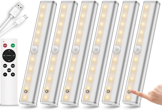 20 Led Wireless Under Cabinet Lighting Stick-on Dimmable Touch Sensor Night Light Remote Control Cabinet Lights 6 Pack Battery Operated Closet Light 3 Colors Mode Perfect for Kitchen Bedroom 