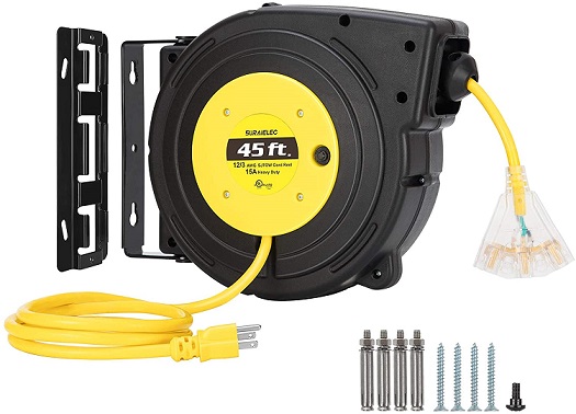 CopperPeak 50 ft Retractable Extension Cord Reel Blue and Black 14 gauge Ceiling or Wall Mount 