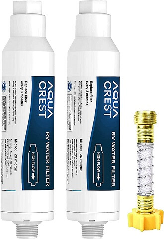 Camper Water Filter Reduces Odors Chlorine in Drinking Water Washing 2Pack Marine/Boat/Motorhome Gardening Puroflo RV Water Filter RV Accessories for Travel Trailers w/ Flexible Hose Protector 