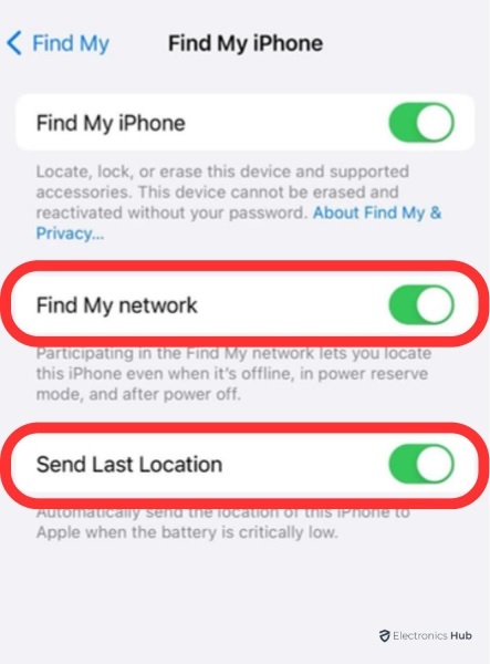 toggle on Find My Network