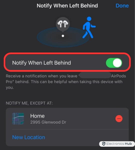 toggle on notify when left behind