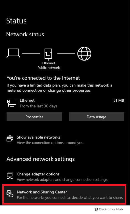 Click on network and sharing center