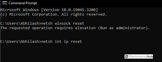 Given command netsh int ip reset