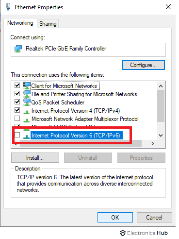 Uncheck Internet Protocol Version 6 TCP,IPv6