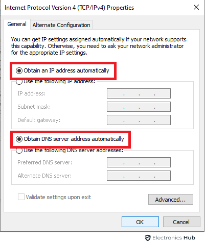both  Obtain an IP address automatically and Obtain DNS server address automatically