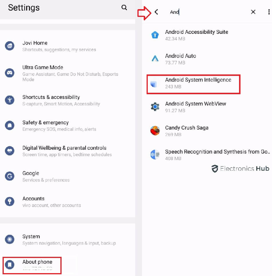 Open android system intelligence in settings 