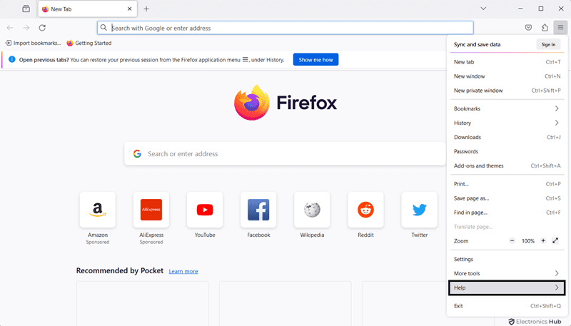 Open firefox and click on help