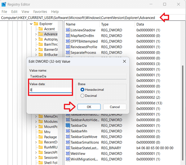 Registary Editor to hide weather and news widget