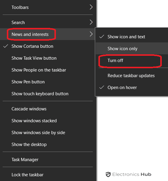 Using taskbar turn off weather and news