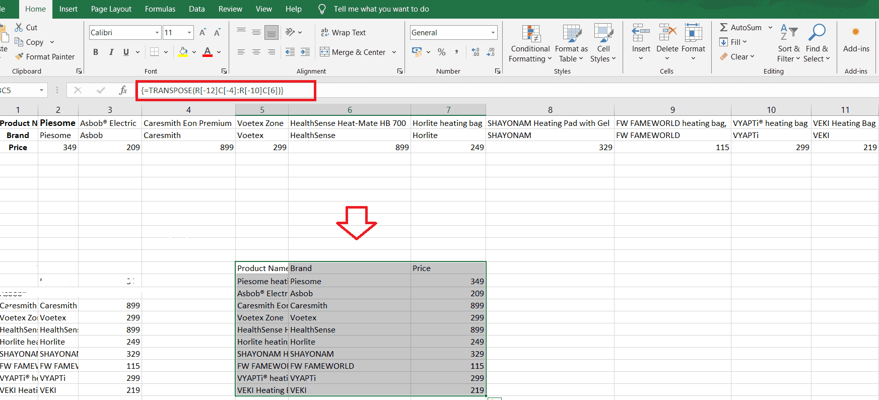 Using the transpose function in excel