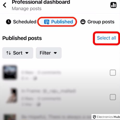 Select all Published Posts on FB Page to delete them