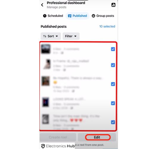 Tap on Edit to delete all the selected post on Facebook Page