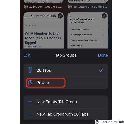 Select Private in Safari Incognito 